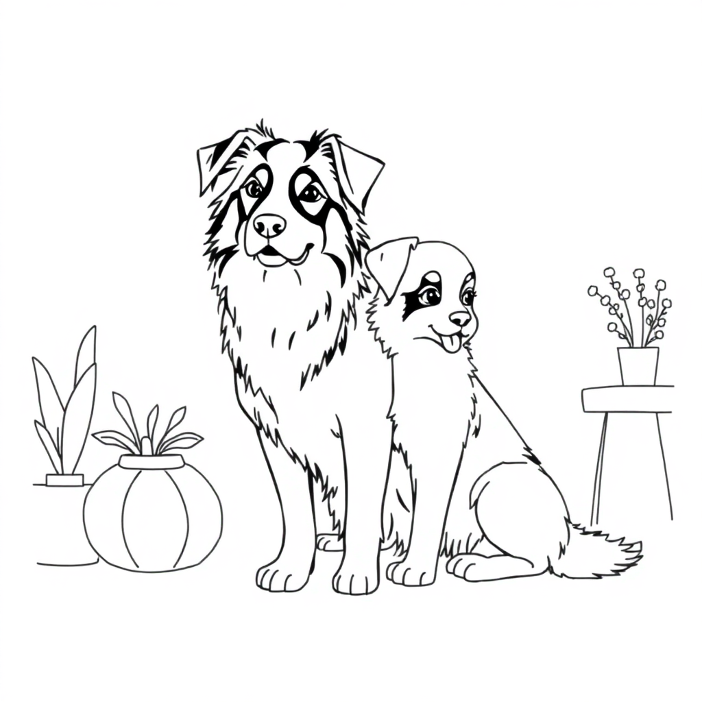 Australian Shepherd dog — with a young child in a cozy home setting coloring page Minimal style - free printable