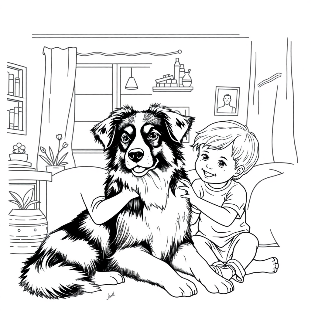 Australian Shepherd dog — with a young child in a cozy home setting coloring page Rockwell style free printable