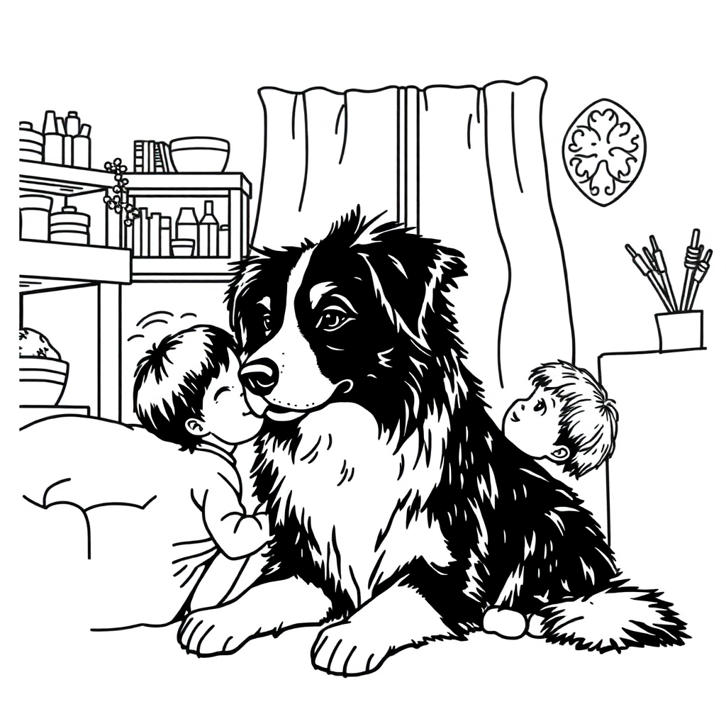 Australian Shepherd dog — with a young child in a cozy home setting coloring page Stipple style - free printable