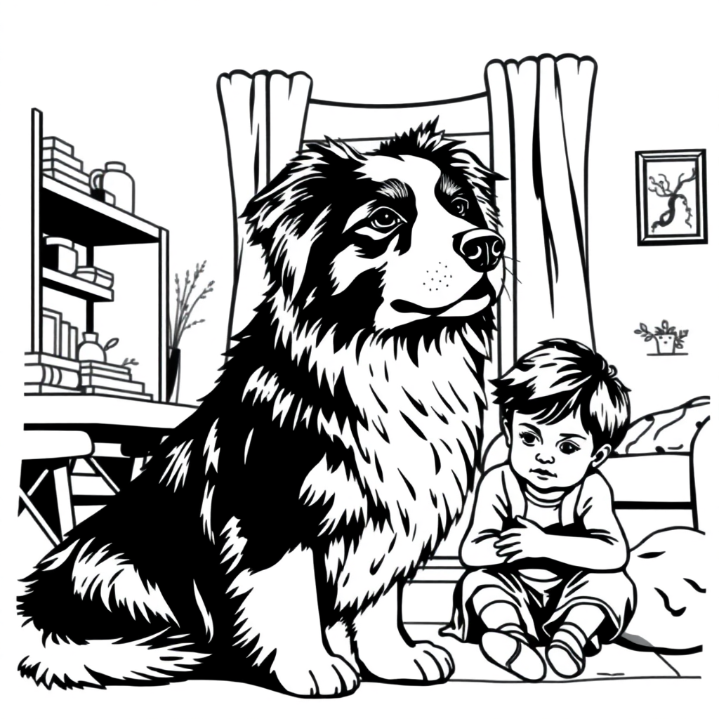 Australian Shepherd dog — with a young child in a cozy home setting coloring page Woodcut style - free printable