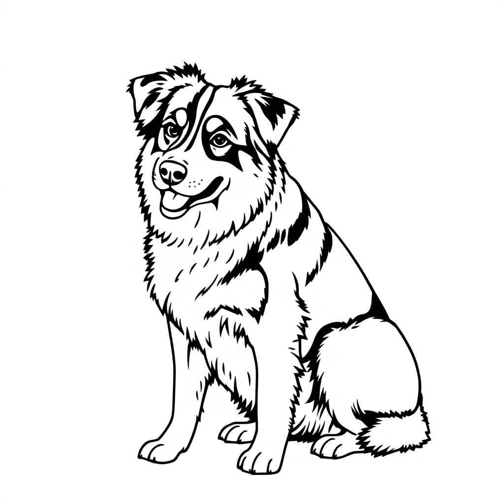Australian Shepherd dog — sitting portrait, looking at viewer, friendly expression coloring page Contour style free printable