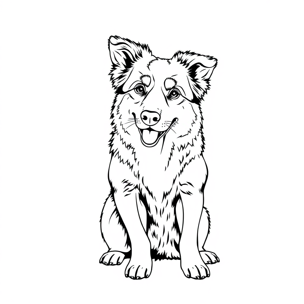 Australian Shepherd dog — sitting portrait, looking at viewer, friendly expression coloring page Manga style free printable