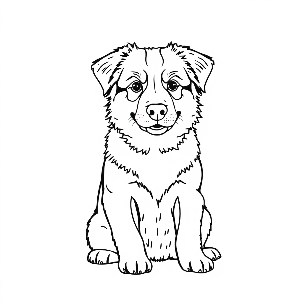 Australian Shepherd dog — sitting portrait, looking at viewer, friendly expression coloring page Minimal style free printable