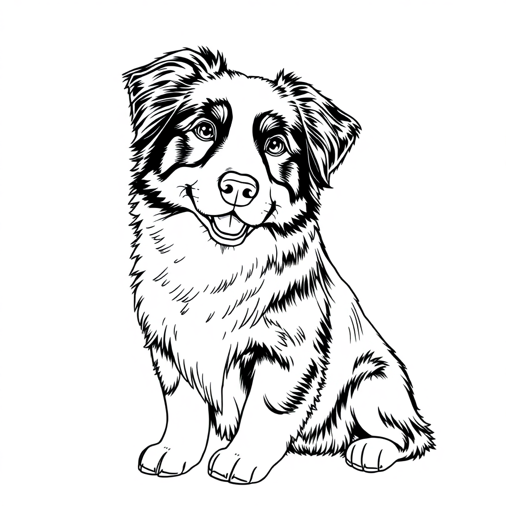 Australian Shepherd dog — sitting portrait, looking at viewer, friendly expression coloring page Rockwell style free printable