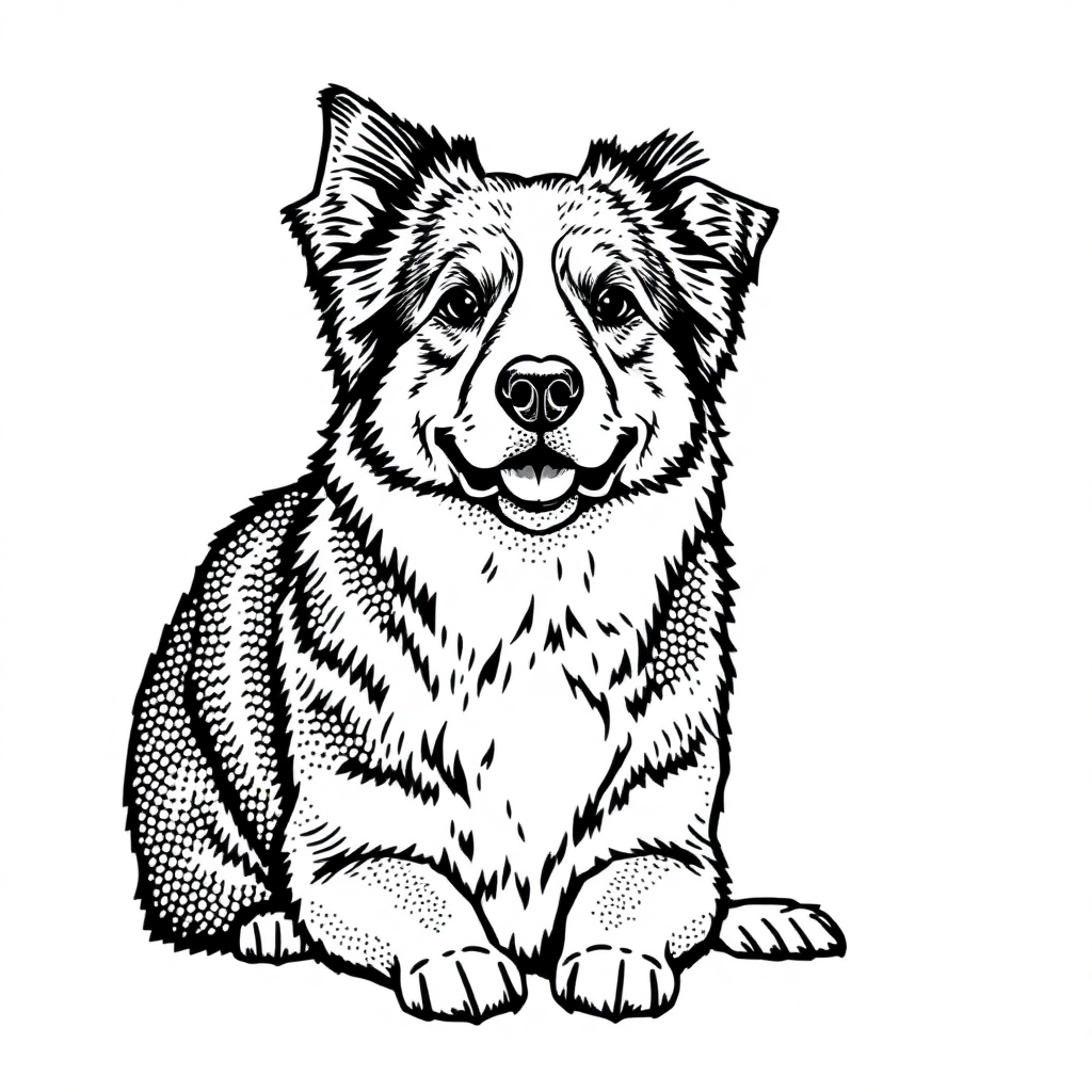 Australian Shepherd dog — sitting portrait, looking at viewer, friendly expression coloring page Stipple style free printable