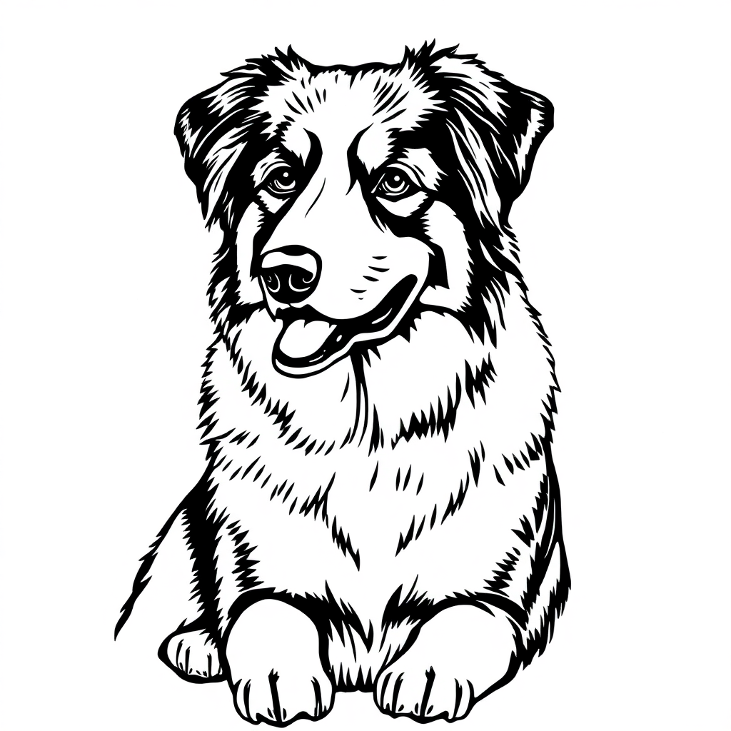 Australian Shepherd dog — sitting portrait, looking at viewer, friendly expression coloring page Woodcut style free printable