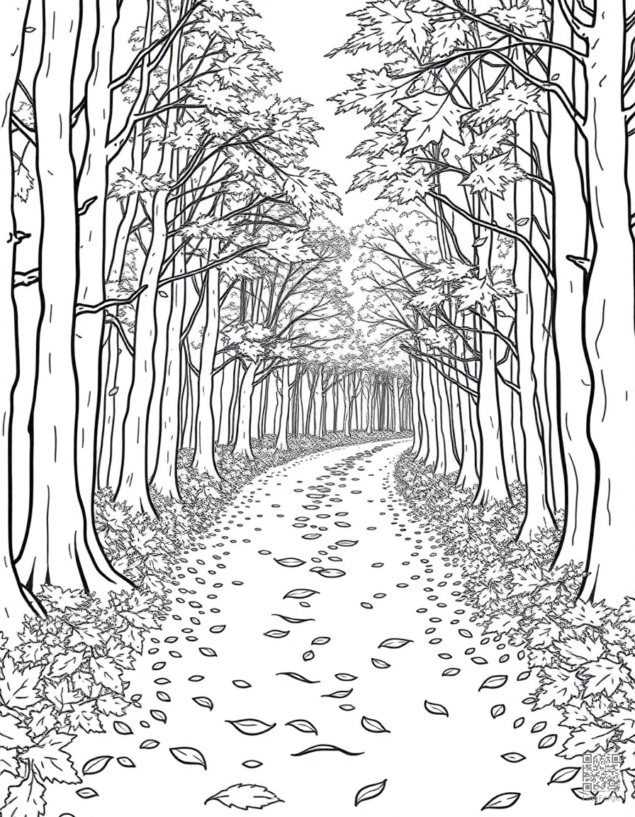 Autumn forest path with falling leaves coloring page Contour style - free printable