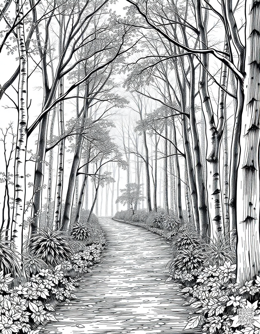 Autumn forest path with falling leaves coloring page Crosshatch style - free printable