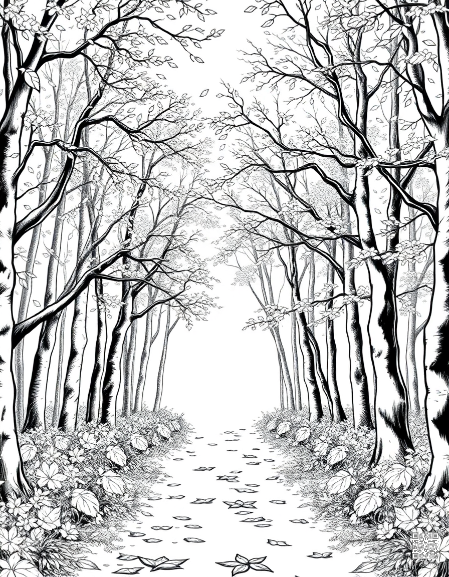 Autumn forest path with falling leaves coloring page Manga style - free printable