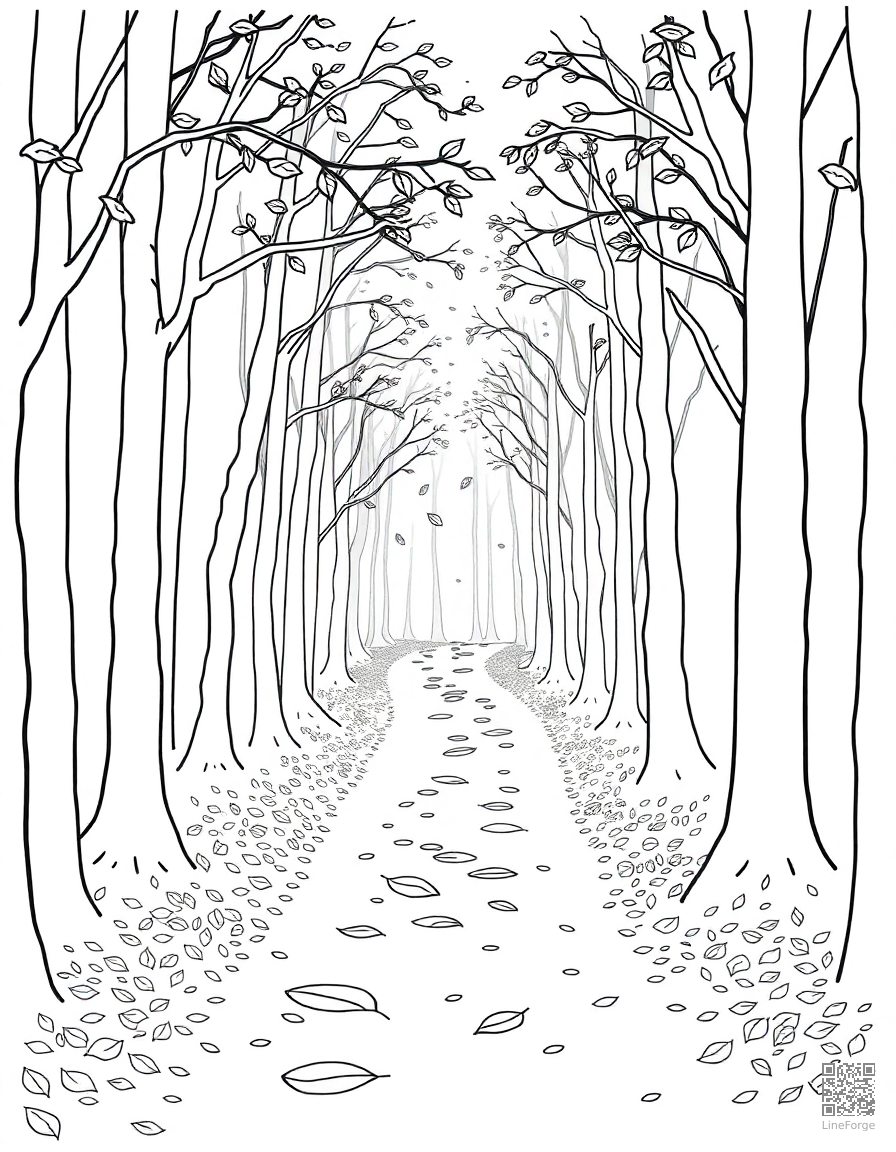 Autumn forest path with falling leaves coloring page Minimal style - free printable