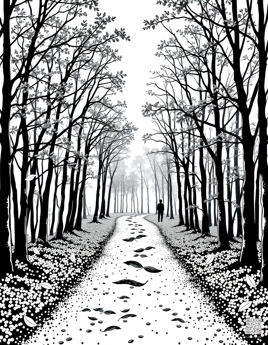 Autumn forest path with falling leaves coloring page Stipple style - free printable