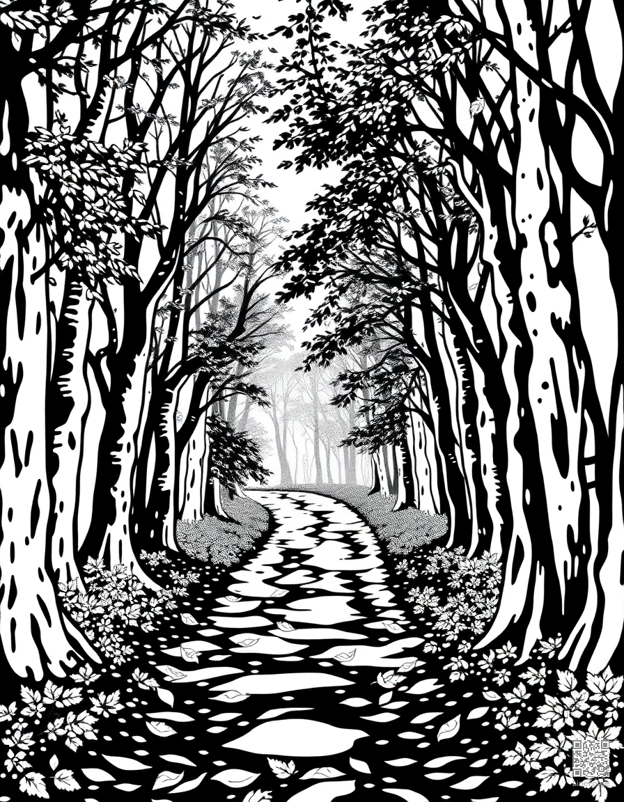 Autumn forest path with falling leaves coloring page Woodcut style - free printable