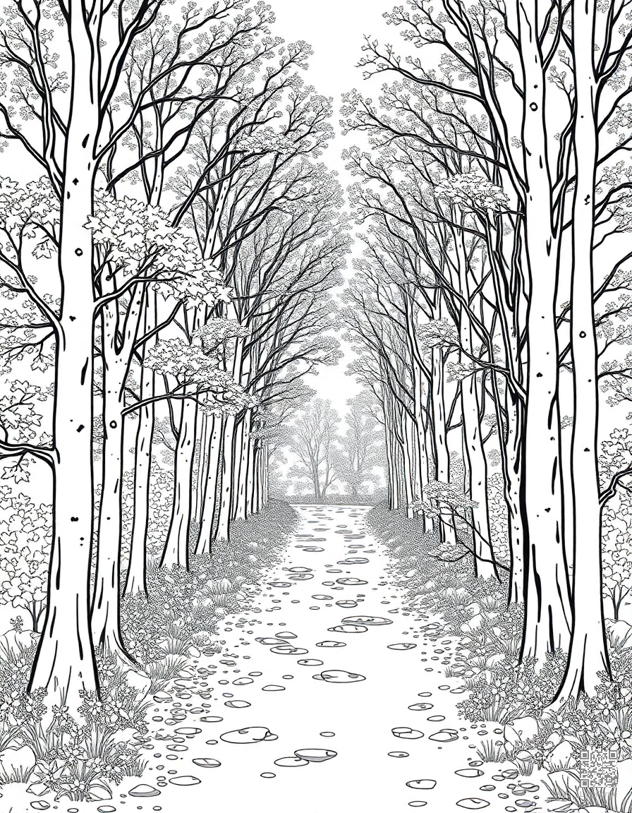 autumn forest path with golden canopy coloring page Contour style - free printable