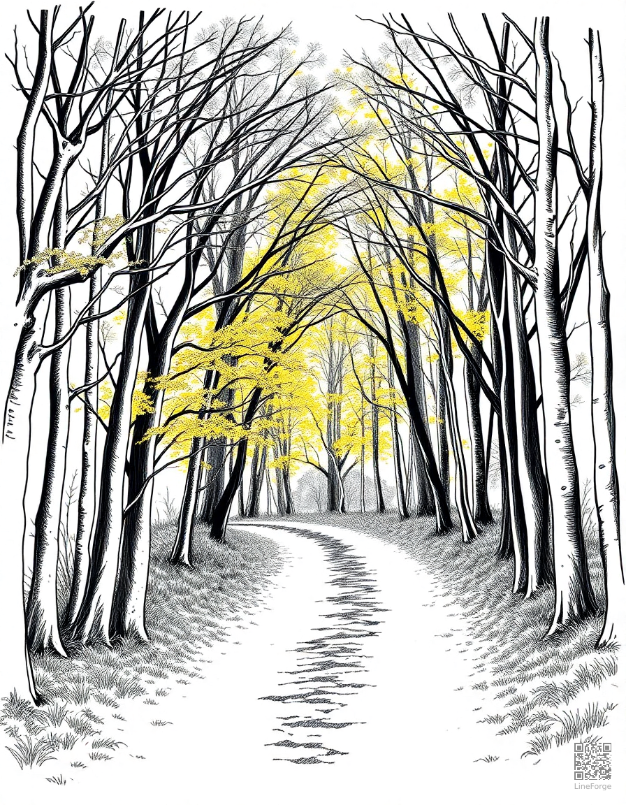 autumn forest path with golden canopy coloring page Crosshatch style - free printable