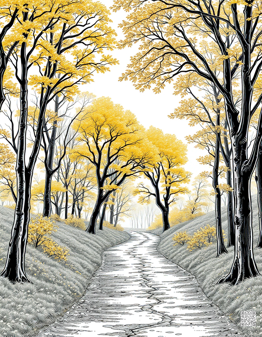 autumn forest path with golden canopy coloring page Manga style - free printable