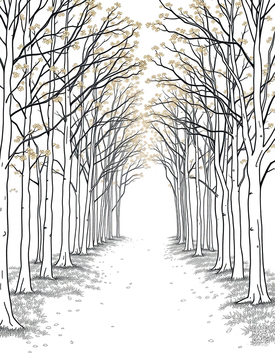 autumn forest path with golden canopy coloring page Minimal style - free printable