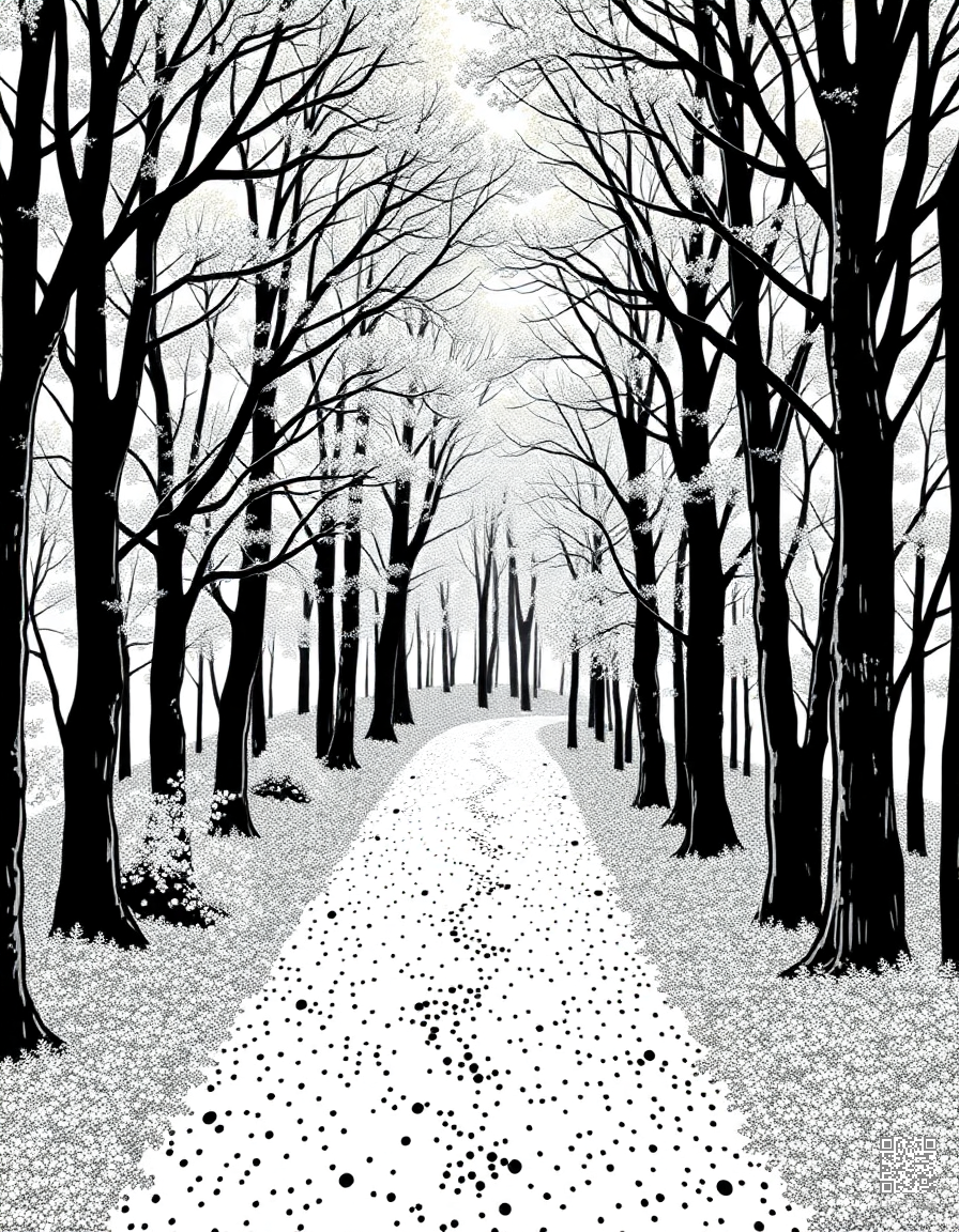 autumn forest path with golden canopy coloring page Stipple style - free printable