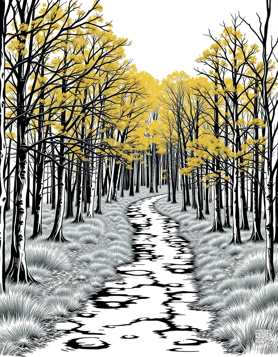 autumn forest path with golden canopy coloring page Woodcut style - free printable