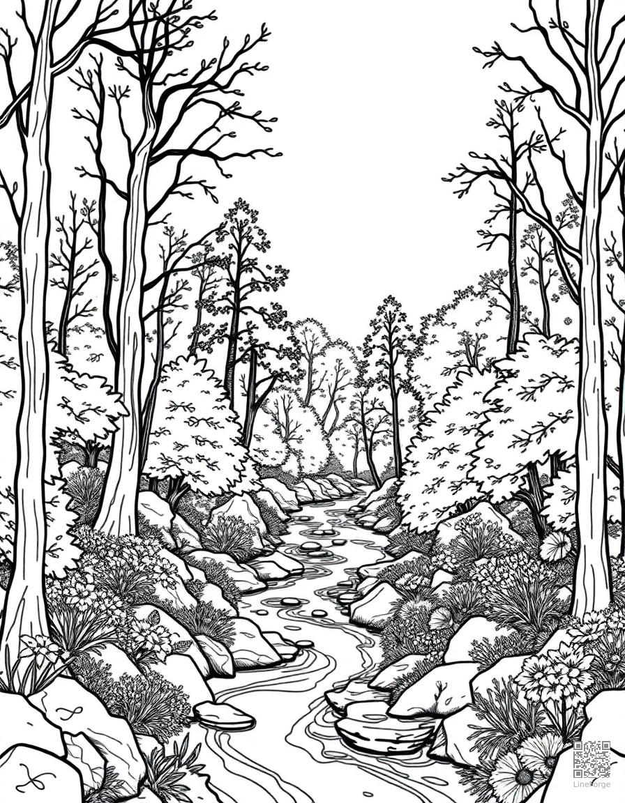 autumn forest with a winding stream coloring page Contour style - free printable
