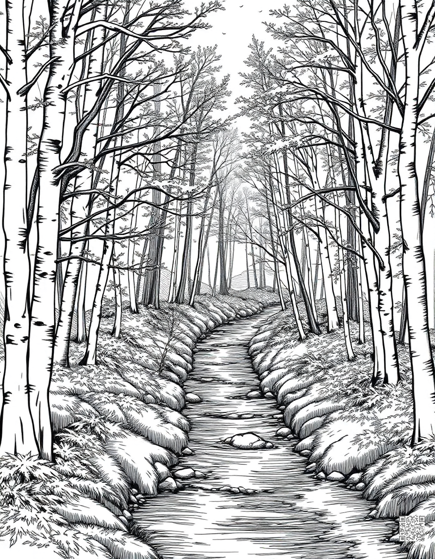 autumn forest with a winding stream coloring page Crosshatch style - free printable