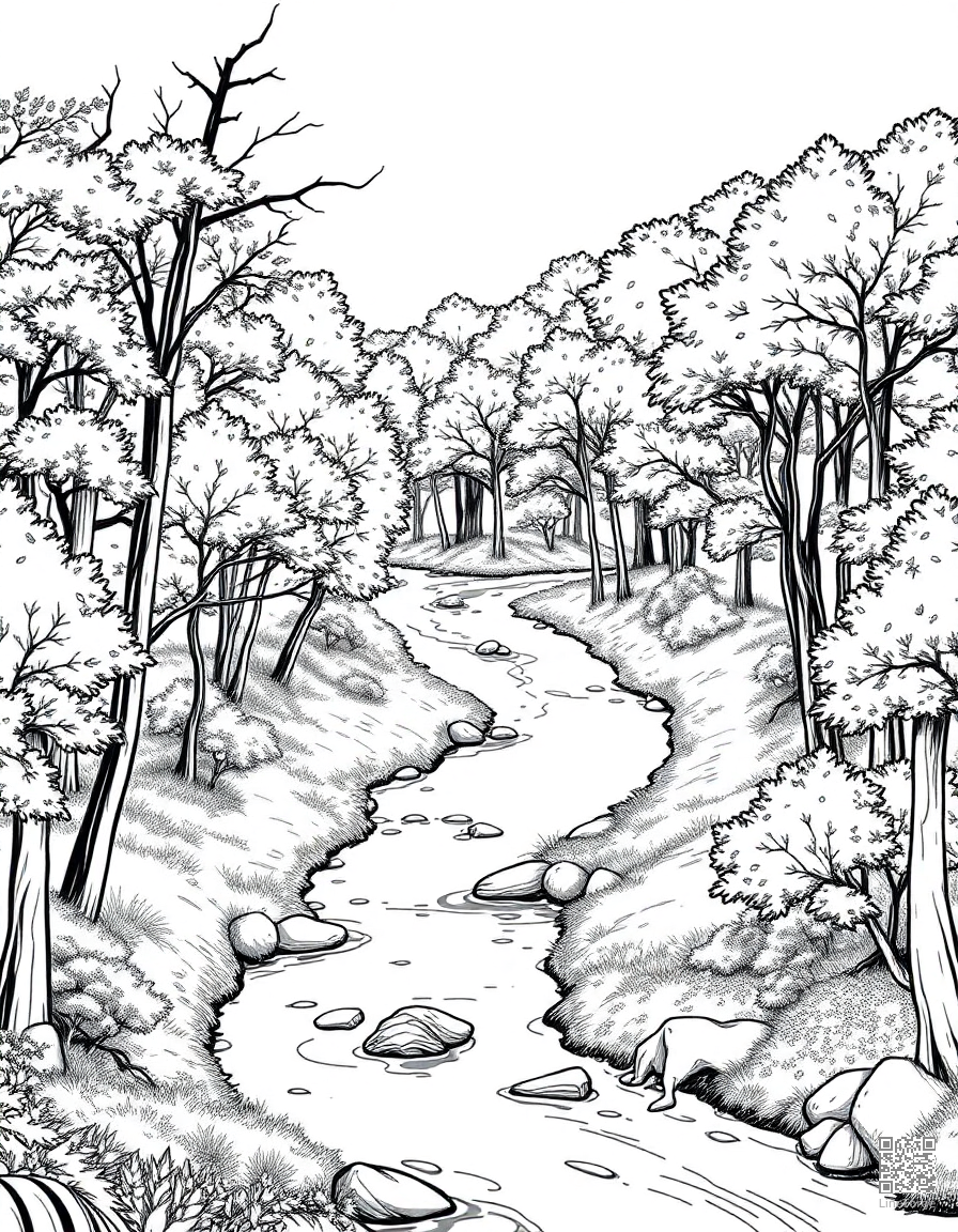 autumn forest with a winding stream coloring page Manga style - free printable