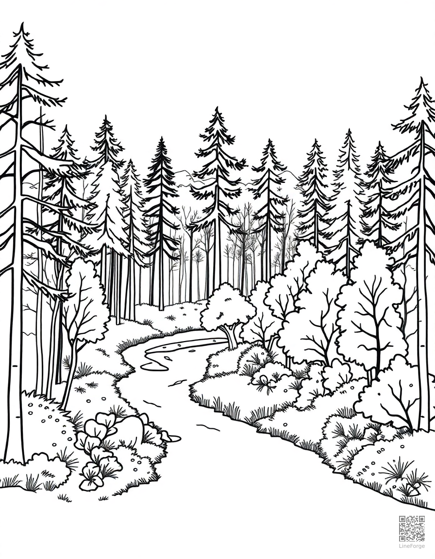 autumn forest with a winding stream coloring page Minimal style - free printable