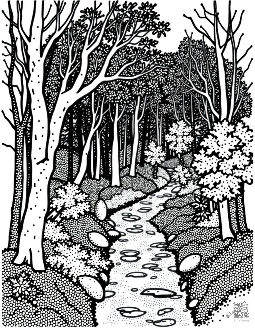 autumn forest with a winding stream coloring page Stipple style - free printable