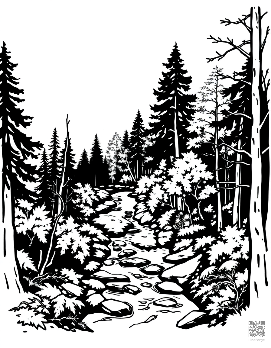 autumn forest with a winding stream coloring page Woodcut style - free printable