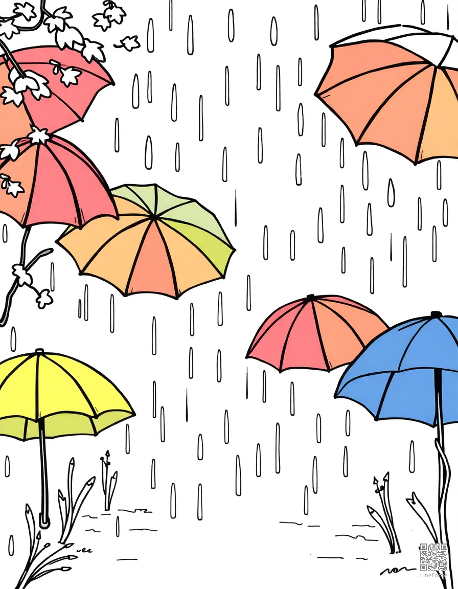 Free autumn rain with colorful umbrellas coloring page in contour style — printable line art