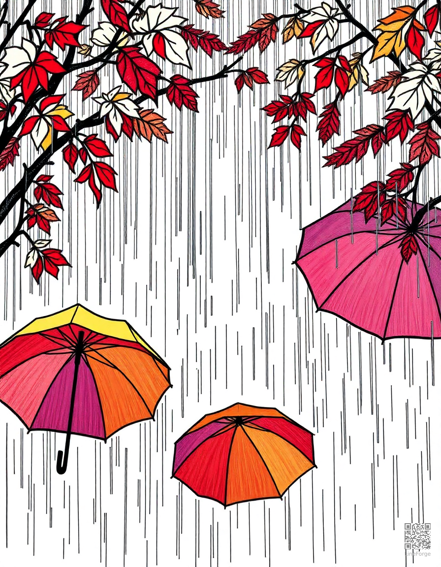 autumn rain with colorful umbrellas coloring page Crosshatch style - free printable