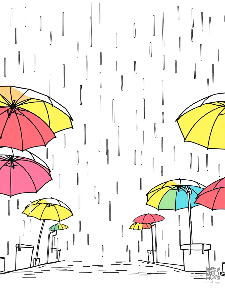 autumn rain with colorful umbrellas coloring page Manga style - free printable