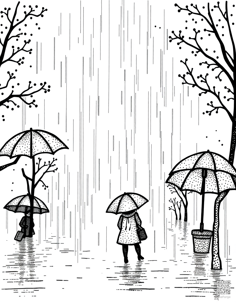 autumn rain with colorful umbrellas coloring page Stipple style - free printable