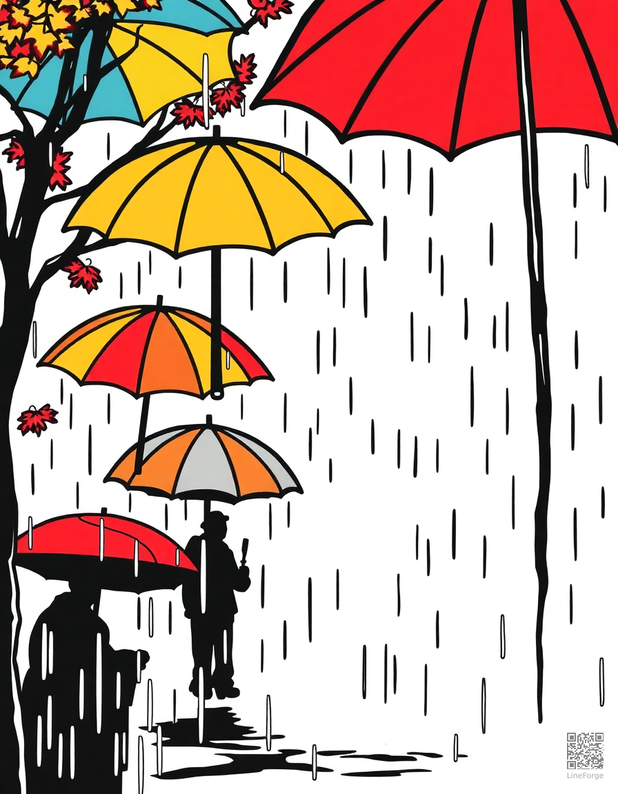autumn rain with colorful umbrellas coloring page Woodcut style - free printable