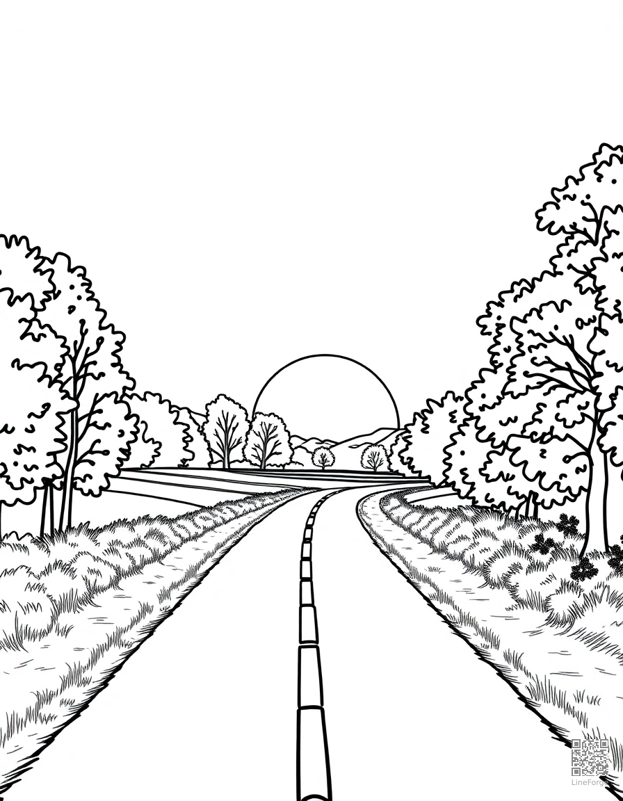 autumn sunset over a country road coloring page Contour style - free printable