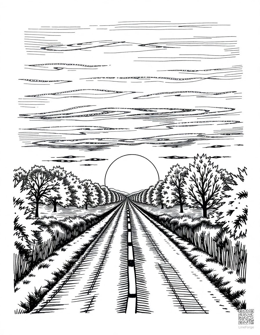 autumn sunset over a country road coloring page Crosshatch style - free printable
