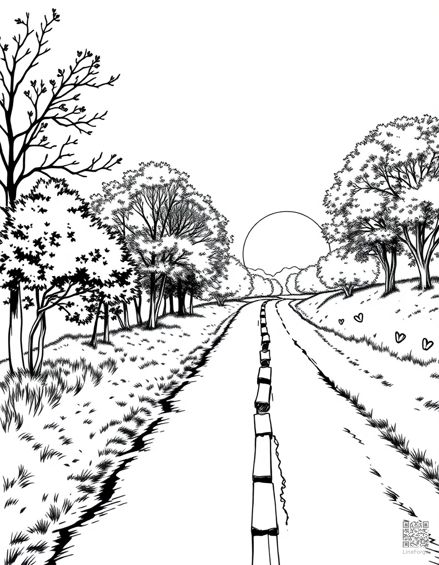 autumn sunset over a country road coloring page Manga style - free printable