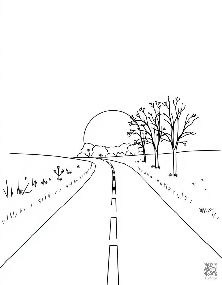 autumn sunset over a country road coloring page Minimal style - free printable