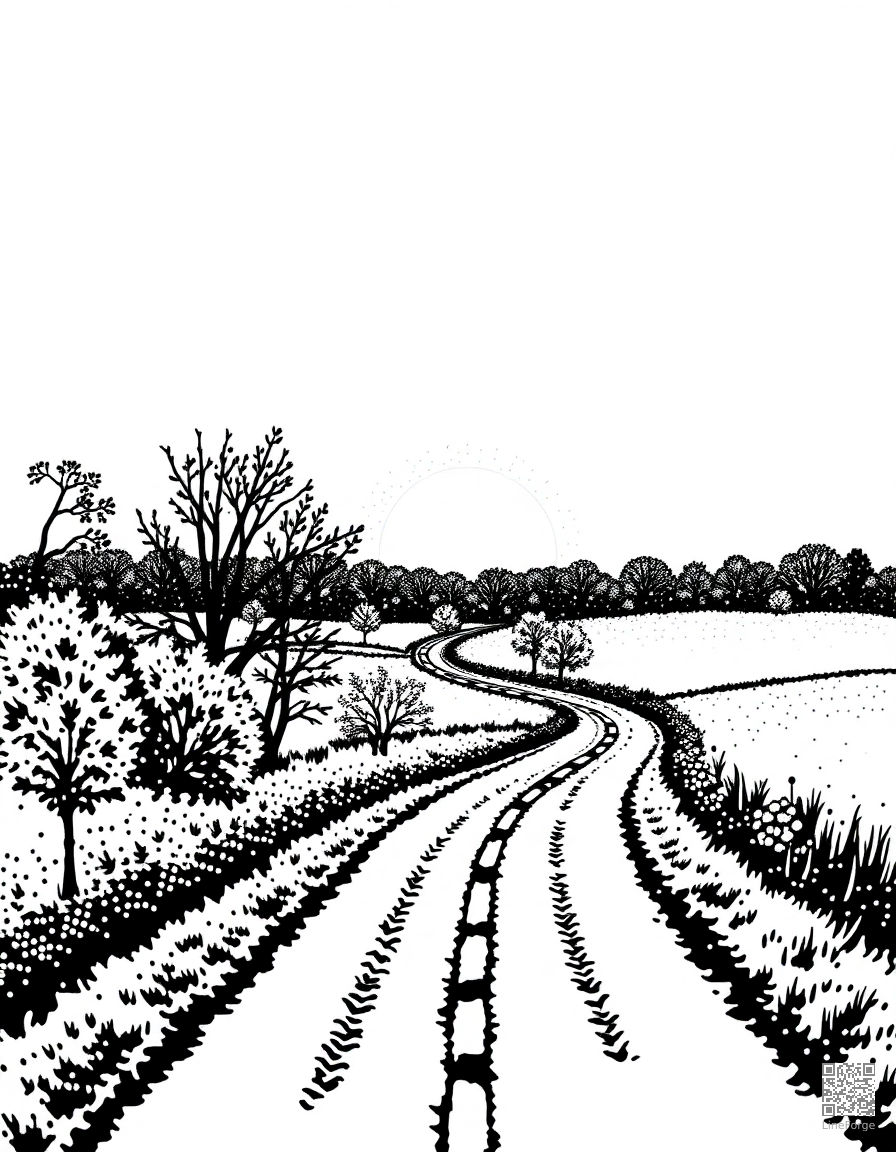 autumn sunset over a country road coloring page Stipple style - free printable