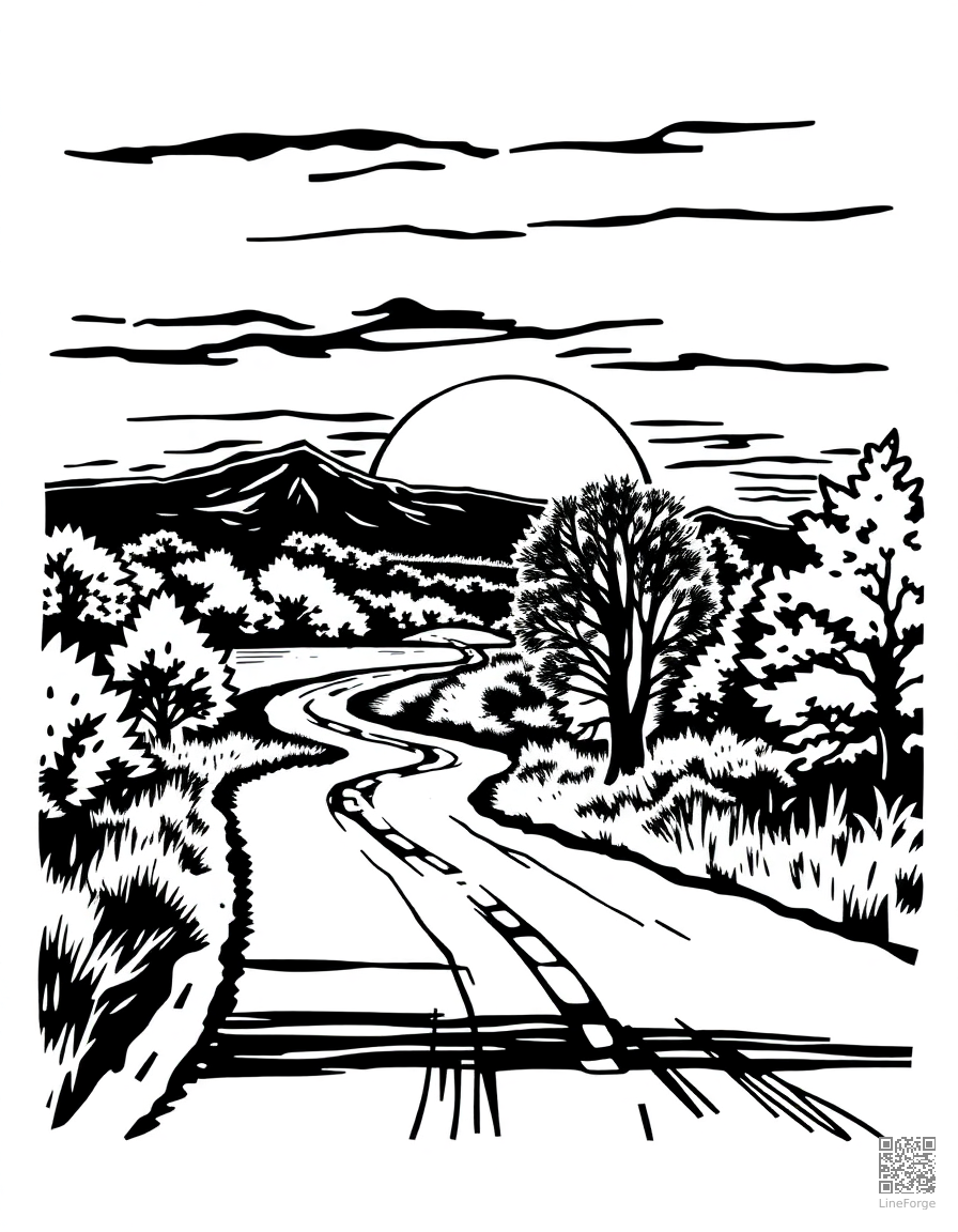 autumn sunset over a country road coloring page Woodcut style - free printable