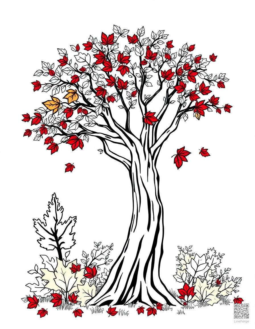 autumn tree with colorful falling leaves coloring page Contour style - free printable
