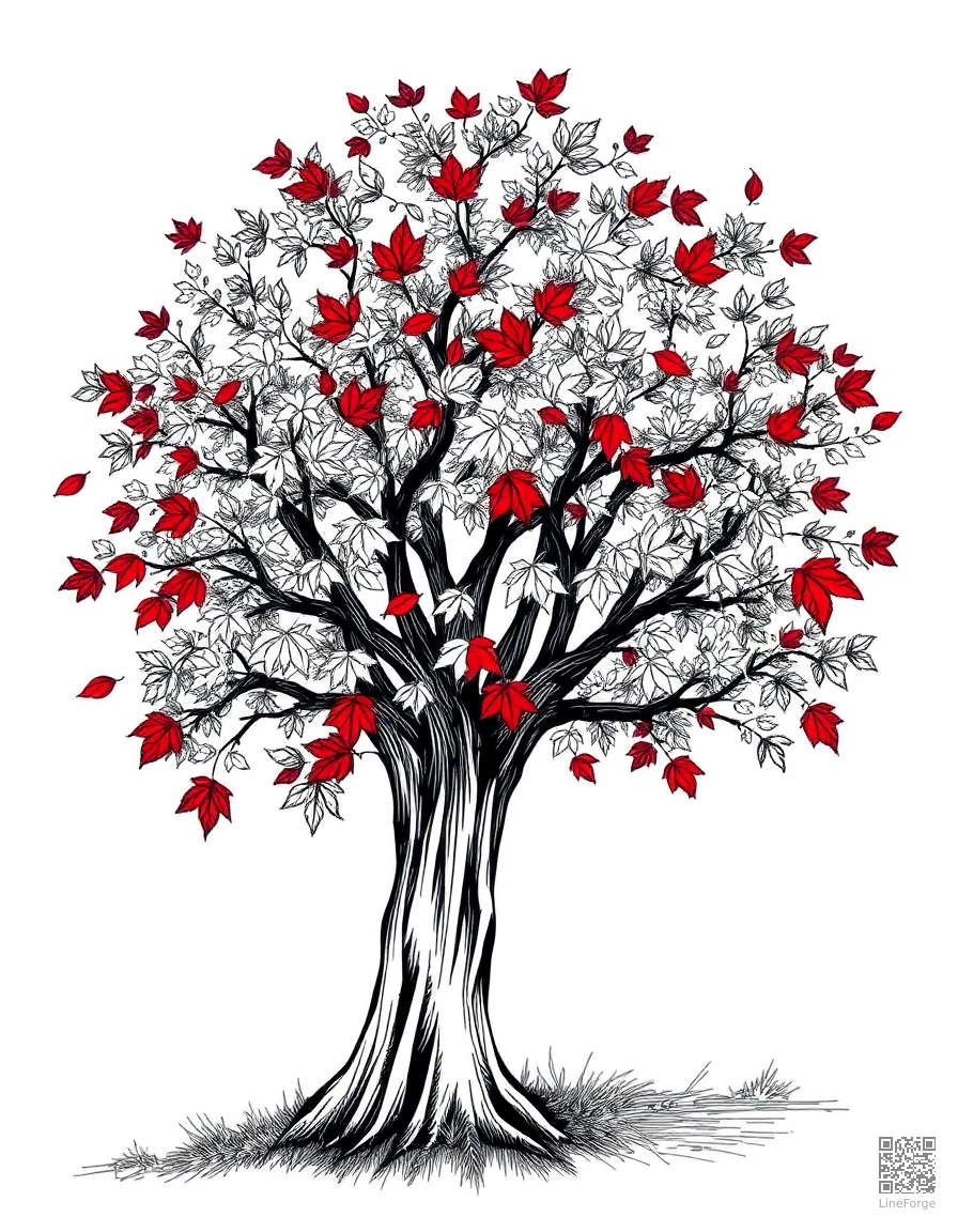 Free autumn tree with colorful falling leaves coloring page in crosshatch style — printable line art