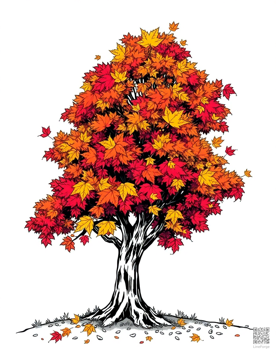 Free autumn tree with colorful falling leaves coloring page in manga style — printable line art
