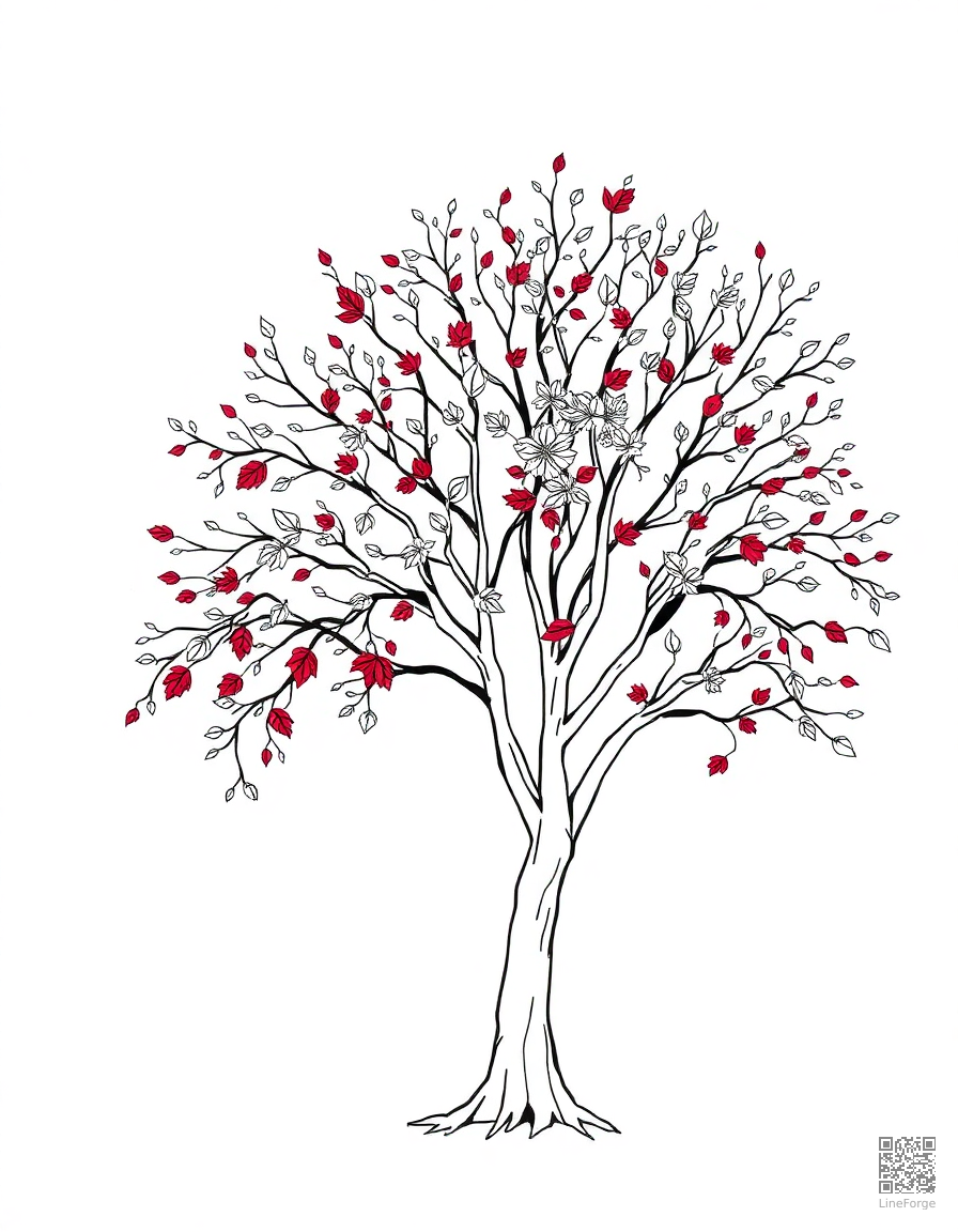 autumn tree with colorful falling leaves coloring page Minimal style - free printable