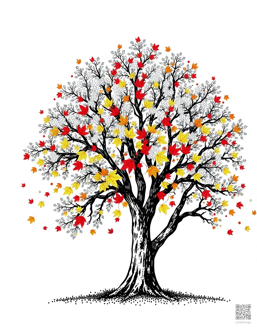 Free autumn tree with colorful falling leaves coloring page in stipple style — printable line art