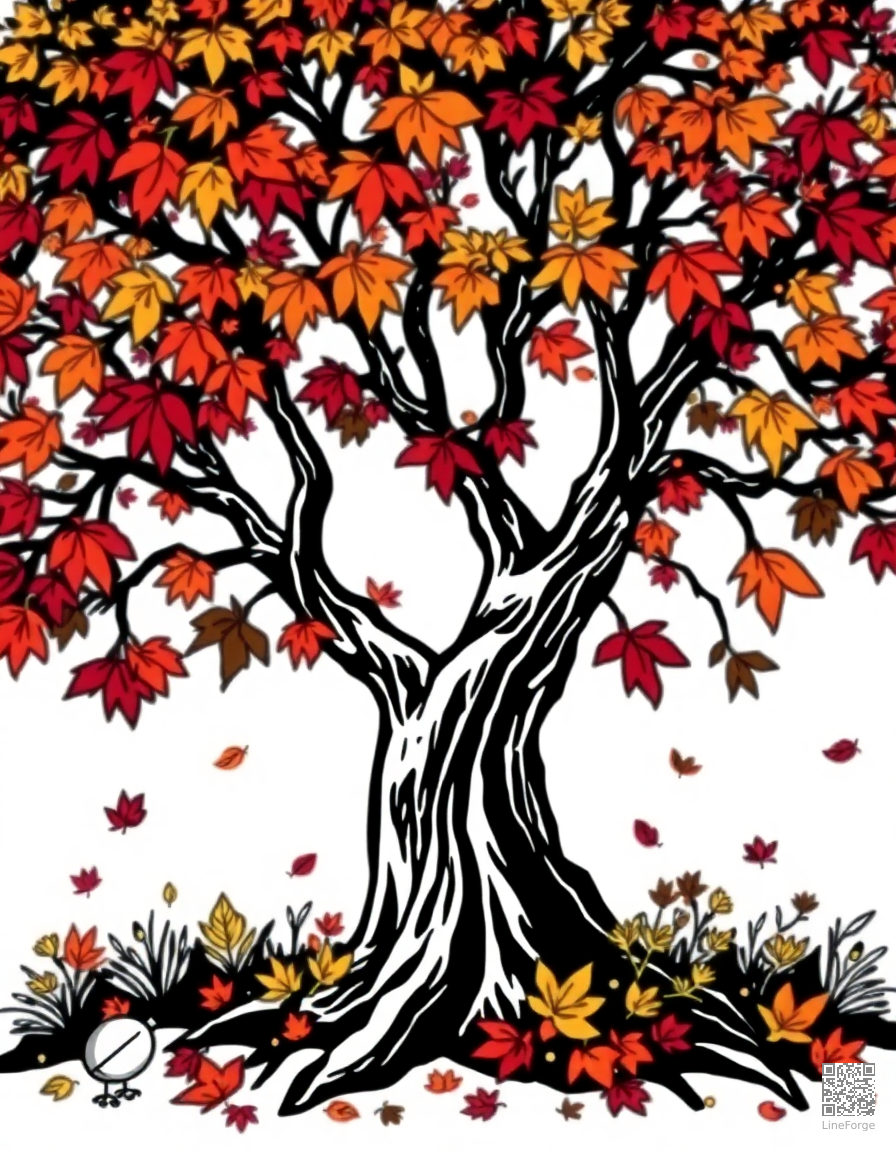 autumn tree with colorful falling leaves coloring page Woodcut style - free printable