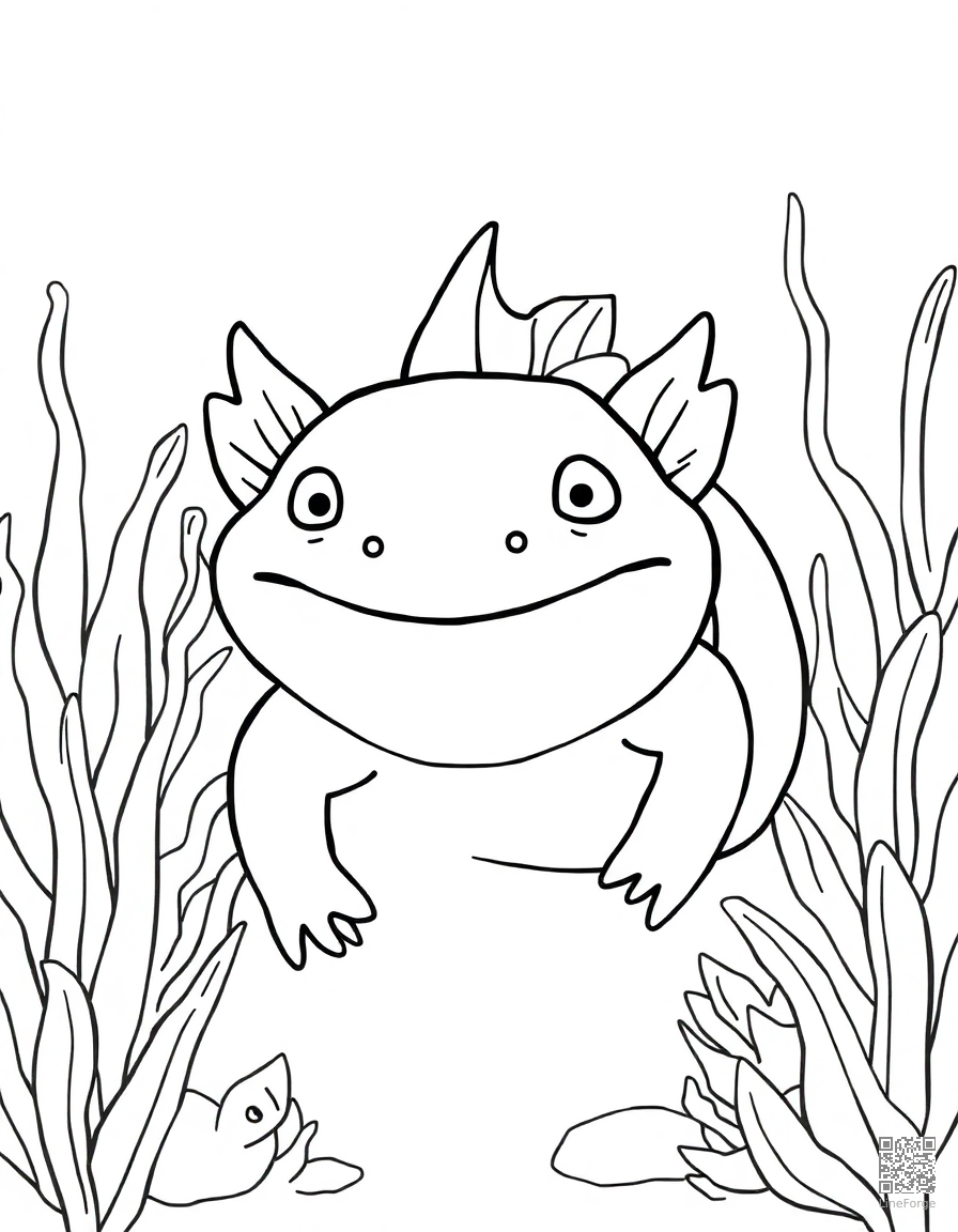 axolotl smiling in an underwater garden coloring page Contour style - free printable