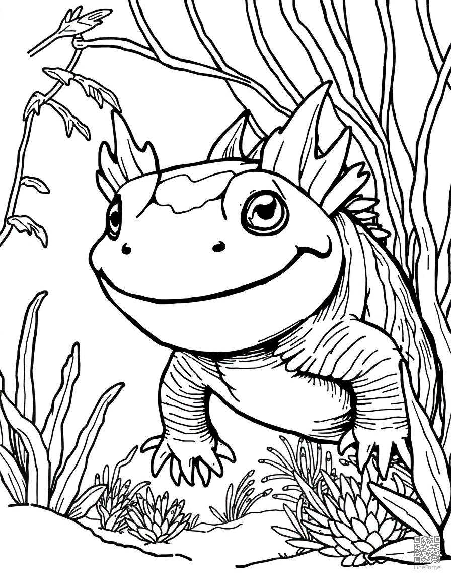 axolotl smiling in an underwater garden coloring page Crosshatch style - free printable