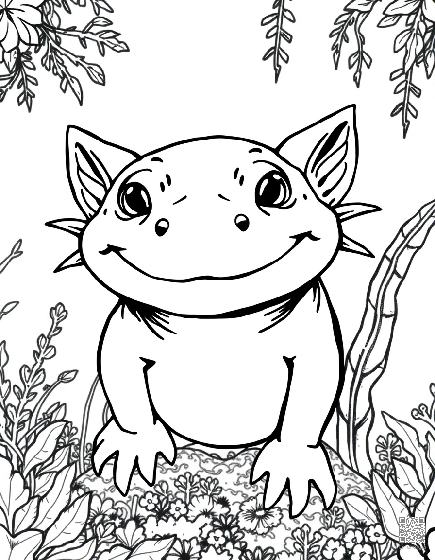 axolotl smiling in an underwater garden coloring page Manga style - free printable
