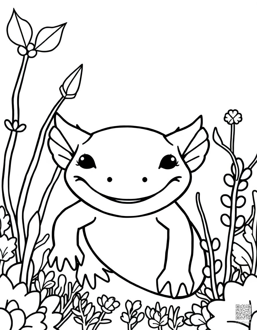 axolotl smiling in an underwater garden coloring page Minimal style - free printable