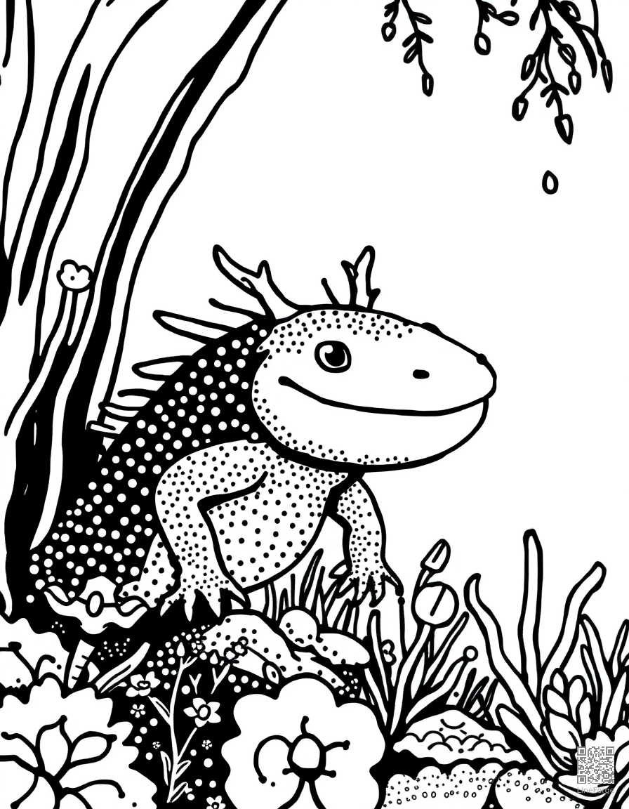 axolotl smiling in an underwater garden coloring page Stipple style - free printable